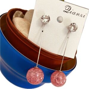 Elegant & Long Pink Ball Strawberry Crystal Dangle Drop Korean Fashion Earrings